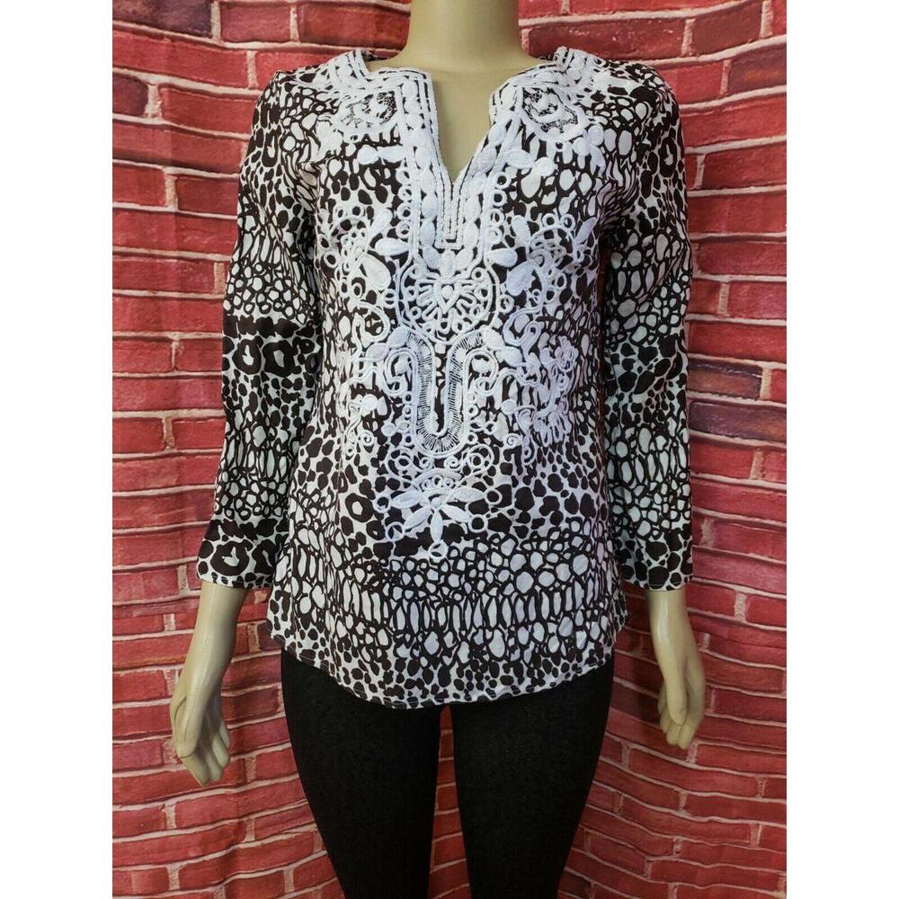 Zoe D 100% Linen 3/4 Sleeve Women's Size S Top Embroidered  White & Brown #C
